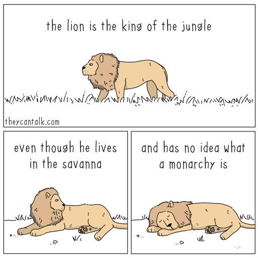 This is a three-panel comic strip by 'they can talk' featuring a cartoon lion. In the top panel, a full-body illustration of a male lion stands amidst tall grass under the caption "the lion is the king of the jungle." The bottom left panel shows the lion lying down in the grass with the text "even though he lives in the savanna." In the final panel on the right, the lion is fast asleep on its side, accompanied by the punchline "and has no idea what a monarchy is."