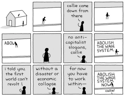 12-panel comic showing a person writing "ABOLISH THE WAGE SYSTEM" on the roof of a house, as someone on the ground yells to them "callie come down from there", "no anti-capitalist slogans, callie", "i told you the first world can't revolt", "without a disaster or economic collapse", "for now you have to work within-", in the last panel they add the word "NOW" below "SYSTEM" and the person on the ground says once more "callie!"