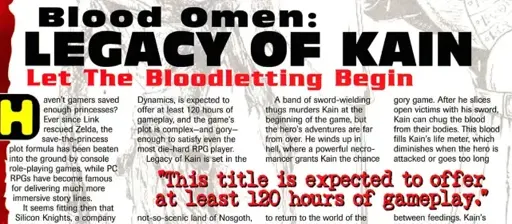 A piece from EGM magazine, talking about the game Blood Omen: Legacy of Kain. One quote reads "This title is expected to offer at least 120 hours of gameplay."